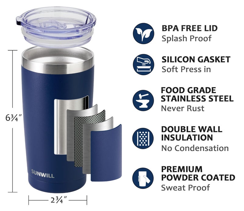 SUNWILL Travel Coffee Mug with Lid, 20 oz Tumbler Set of 2, Insulated Stainless Steel Cup for Water, Tea, Powder Coated Wine & Navy - Image 2